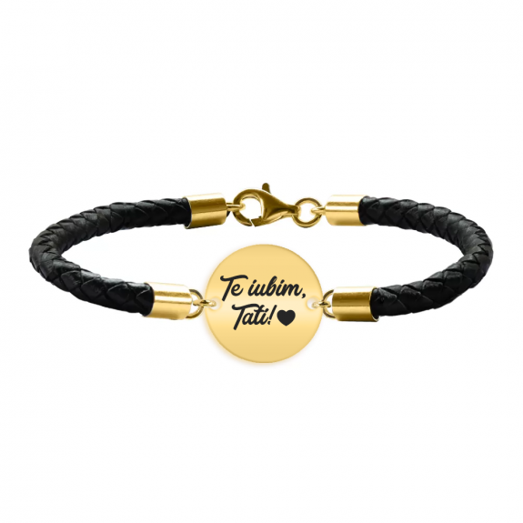 Bratara argint banut 16 mm si piele impletita - personalizata cu text - placat cu aur galben de 24 karate Bratara argint banut 16 mm si piele impletita - personalizata cu text - placat cu aur galben de 24 karate